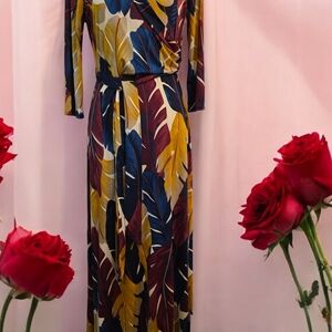 Tropical Leaf-Print Maxi Wrap Dress in Navy, Mustard & Burgundy